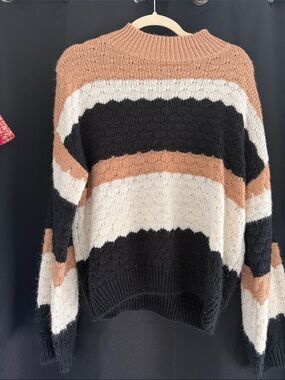 Cozy Striped Knit Sweater - Black, Cream & Tan